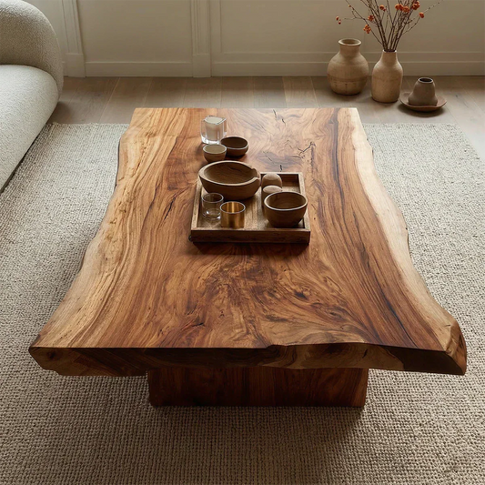 Live Edge Natural Solid Wood Coffee Table with Sculptural Block Base - Elitegemse