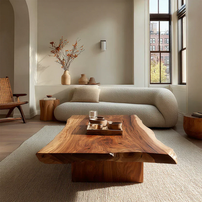 Live Edge Natural Solid Wood Coffee Table with Sculptural Block Base - Elitegemse - View 2