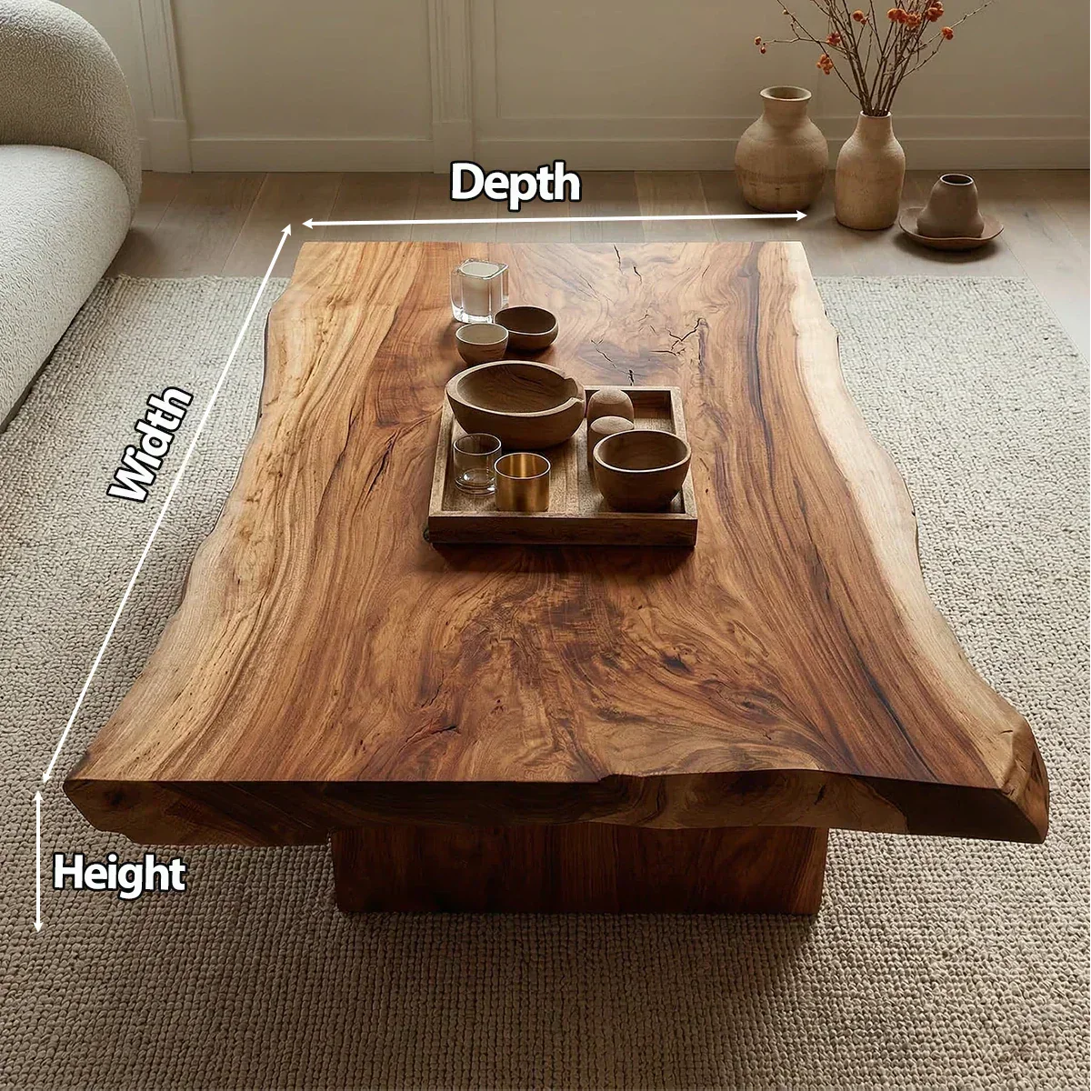 Live Edge Natural Solid Wood Coffee Table with Sculptural Block Base - Elitegemse - View 3