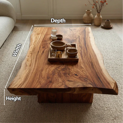 Live Edge Natural Solid Wood Coffee Table with Sculptural Block Base - Elitegemse - View 3
