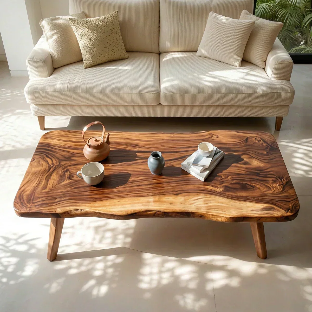 Live Edge Slab Coffee Table with Angled Legs in Natural Solid Wood - Elitegemse - View 2