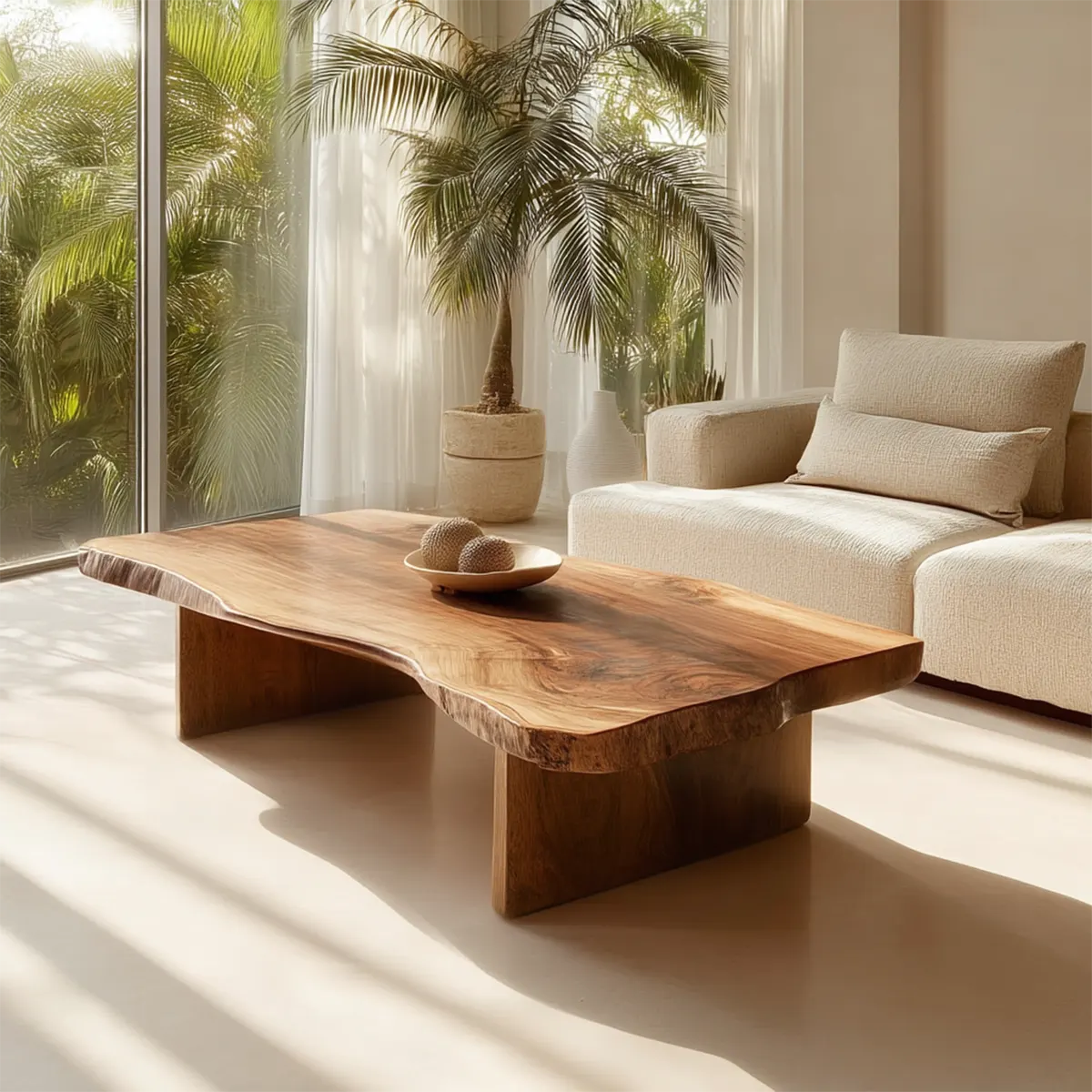 Live Edge Slab Coffee Table with Double Block Base in Natural Solid Wood - Elitegemse