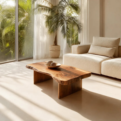 Live Edge Slab Coffee Table with Double Block Base in Natural Solid Wood - Elitegemse - View 10