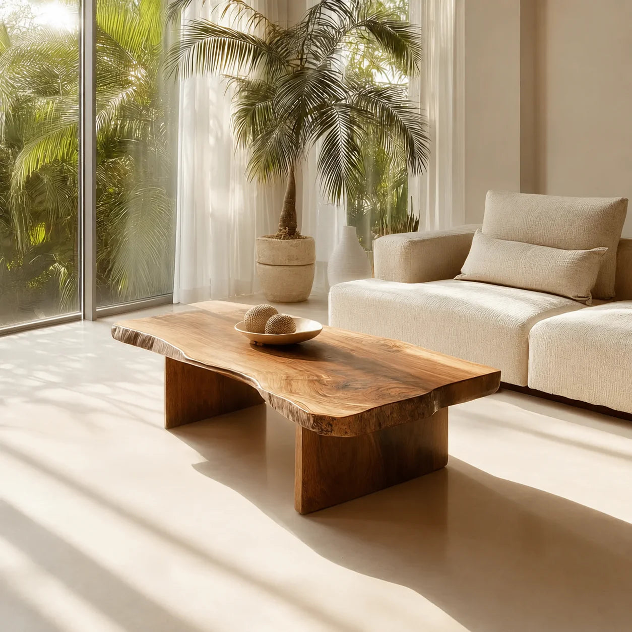 Live Edge Slab Coffee Table with Double Block Base in Natural Solid Wood - Elitegemse - View 11