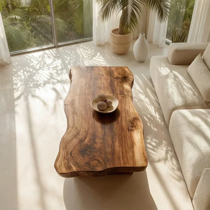 Live Edge Slab Coffee Table with Double Block Base in Natural Solid Wood - Elitegemse - View 2