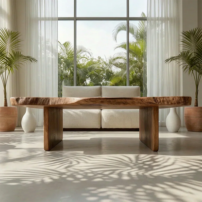 Live Edge Slab Coffee Table with Double Block Base in Natural Solid Wood - Elitegemse - View 3