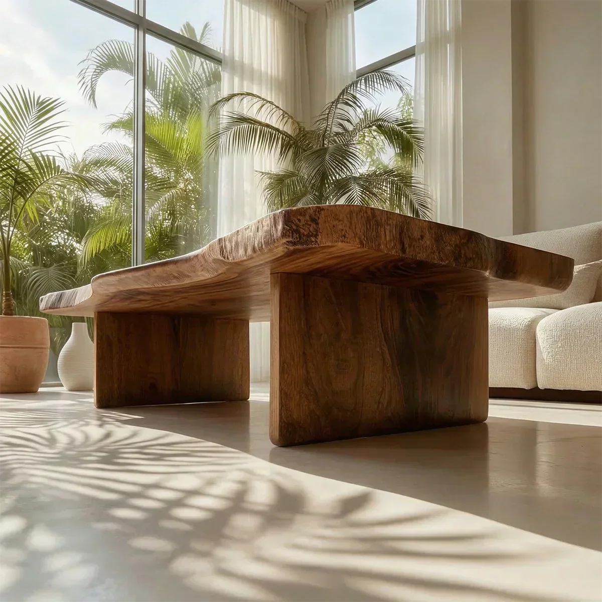 Live Edge Slab Coffee Table with Double Block Base in Natural Solid Wood - Elitegemse - View 4