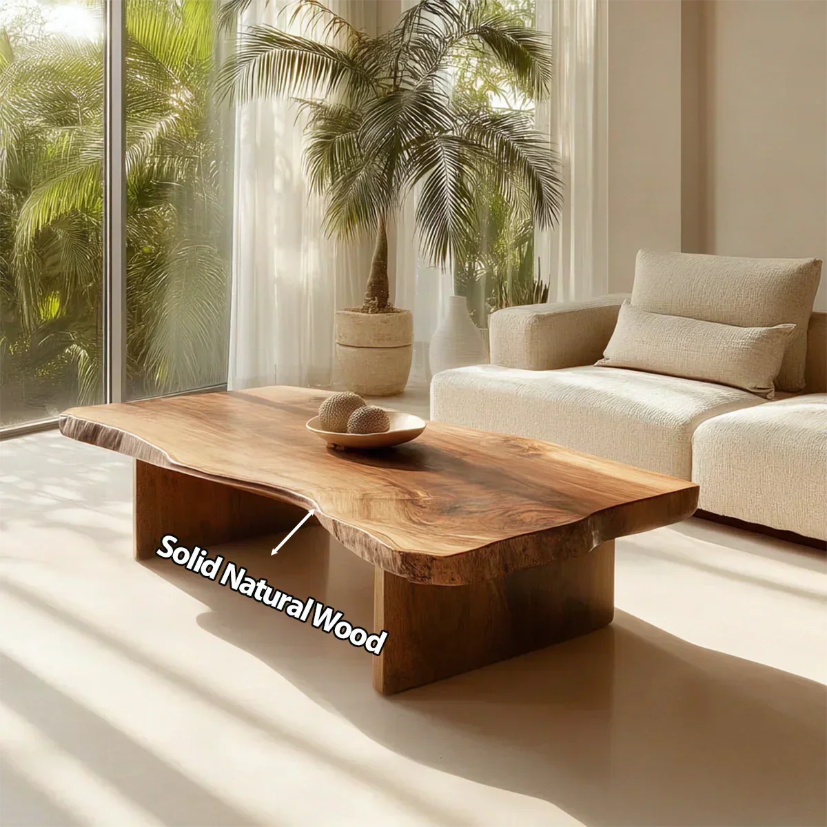 Live Edge Slab Coffee Table with Double Block Base in Natural Solid Wood - Elitegemse - View 5