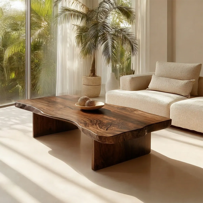 Live Edge Slab Coffee Table with Double Block Base in Natural Solid Wood - Elitegemse - View 7