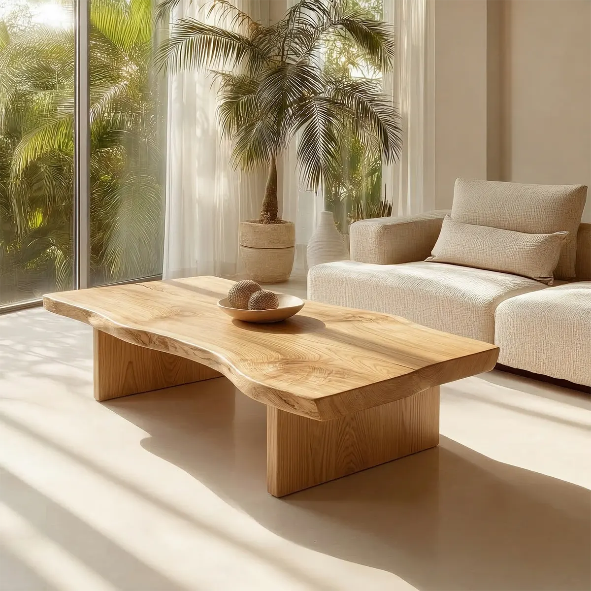 Live Edge Slab Coffee Table with Double Block Base in Natural Solid Wood - Elitegemse - View 8