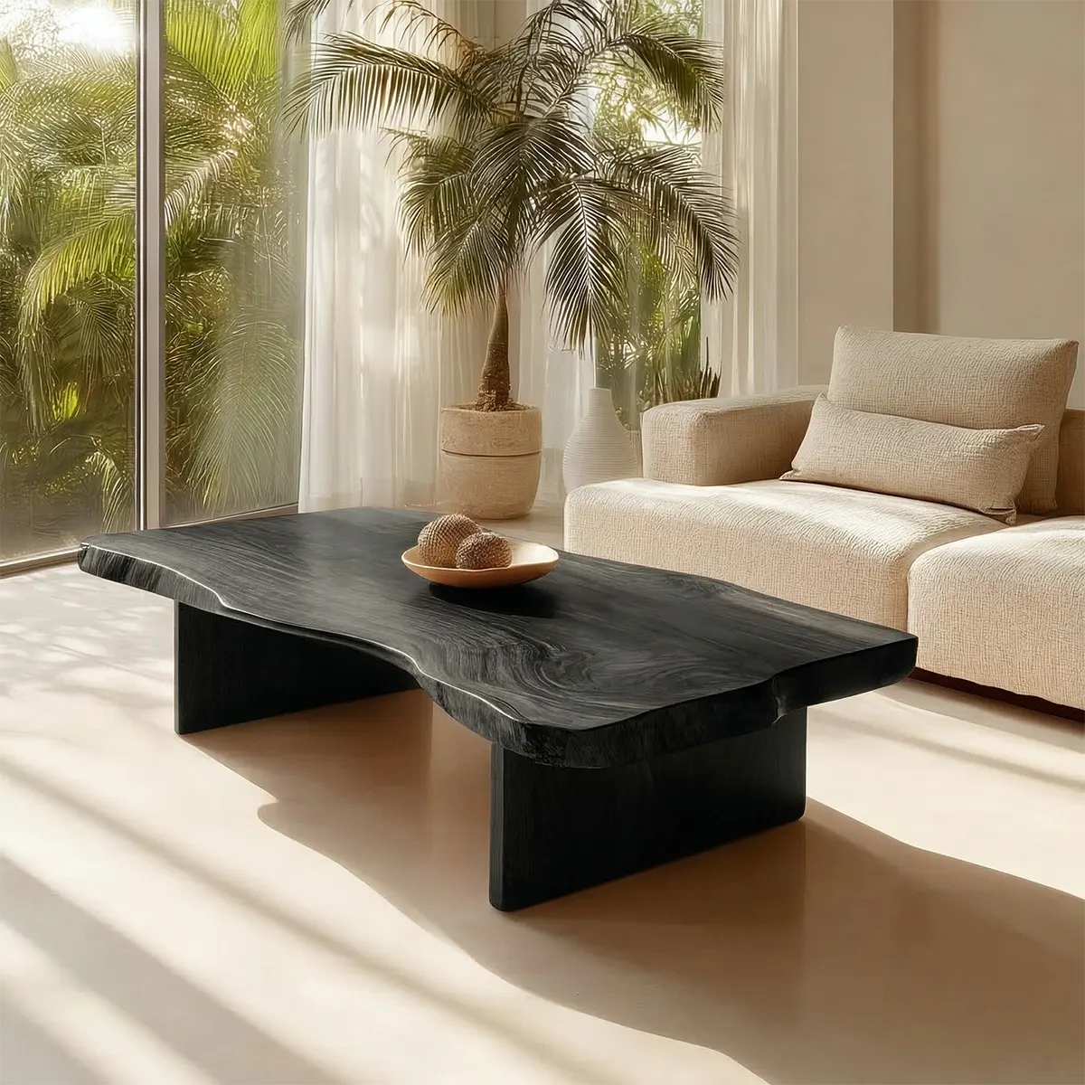 Live Edge Slab Coffee Table with Double Block Base in Natural Solid Wood - Elitegemse - View 9