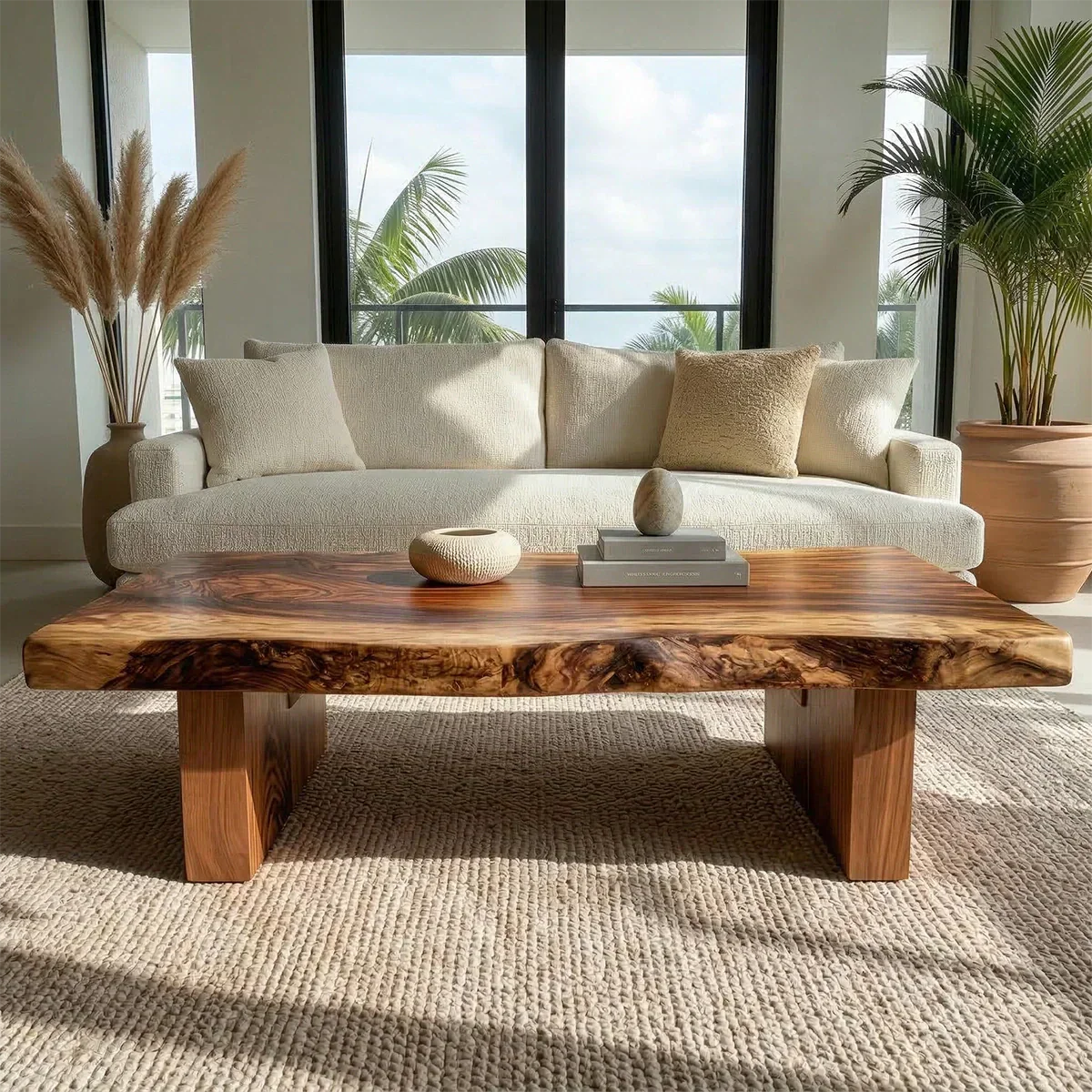 Live Edge Solid Wood Coffee Table with Thick Slab Top and Block Base - Elitegemse - View 2