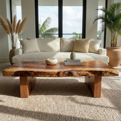 Live Edge Solid Wood Coffee Table with Thick Slab Top and Block Base - Elitegemse - View 2