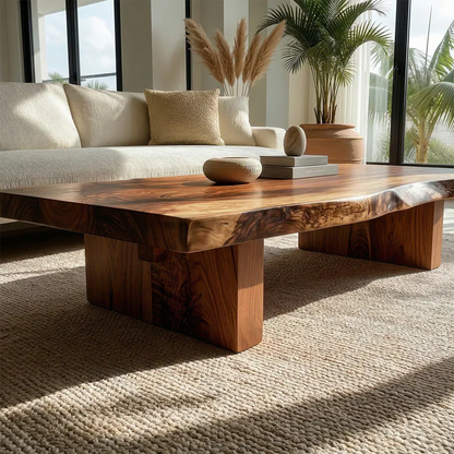 Live Edge Solid Wood Coffee Table with Thick Slab Top and Block Base - Elitegemse - View 3