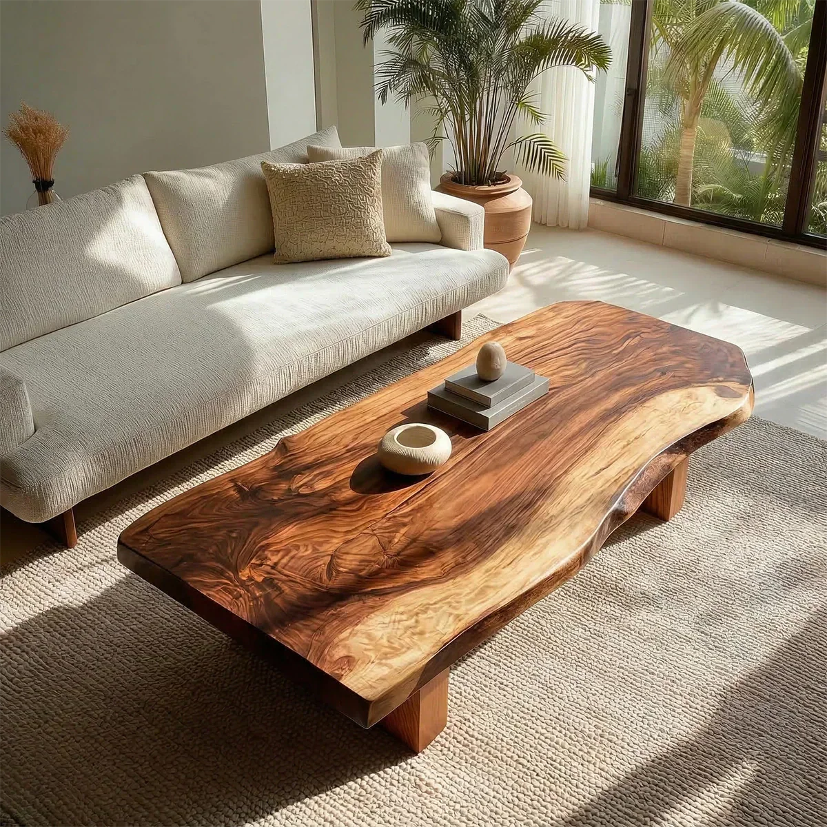 Live Edge Solid Wood Coffee Table with Thick Slab Top and Block Base - Elitegemse - View 4