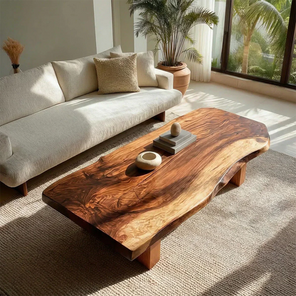 Live Edge Solid Wood Coffee Table with Thick Slab Top and Block Base - Elitegemse - View 4