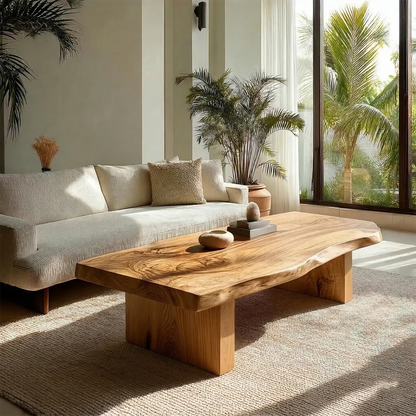 Live Edge Solid Wood Coffee Table with Thick Slab Top and Block Base - Elitegemse - View 8
