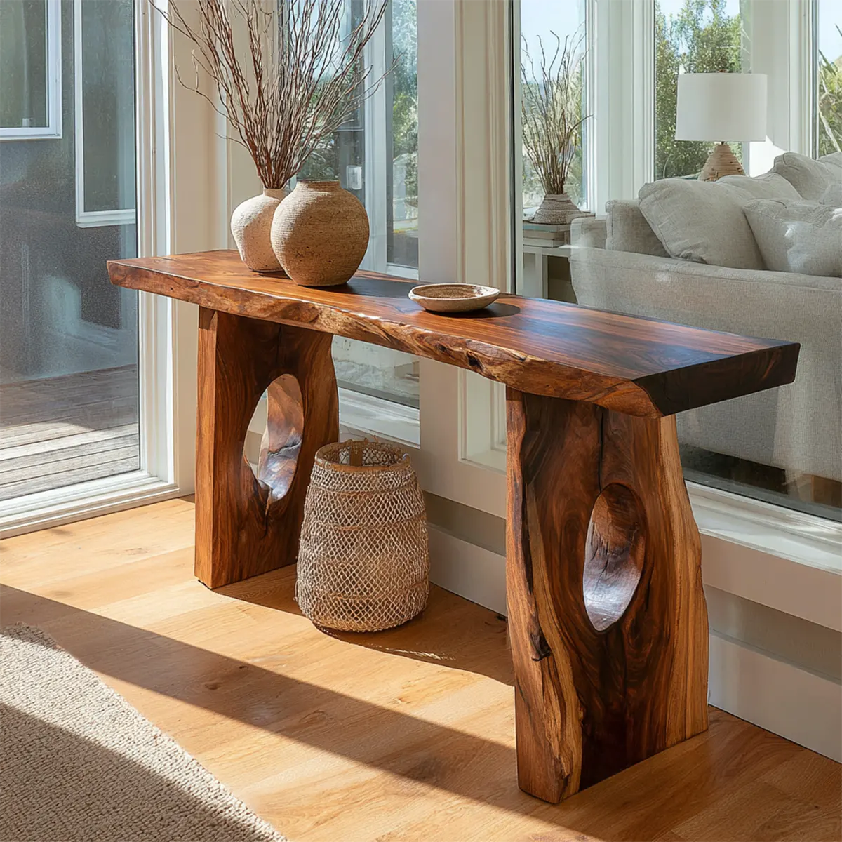 Live Edge Solid Wood Console Table with Sculptural Organic Base - Elitegemse