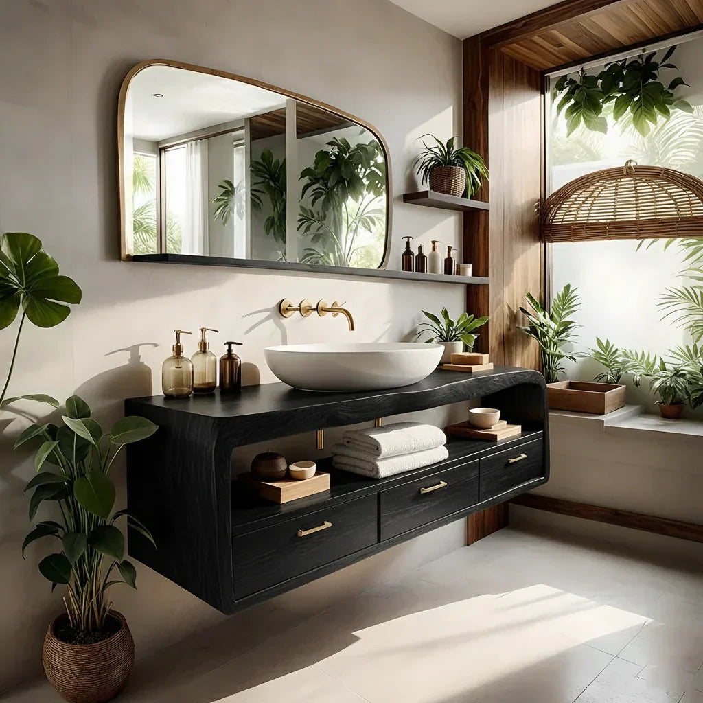 Live-Edge Walnut Finish Floating Bathroom Vanity - Solid Wood Bathroom Cabinet - Elitegemse