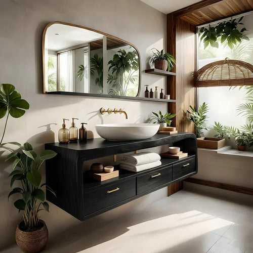 Live-Edge Walnut Finish Floating Bathroom Vanity - Solid Wood Bathroom Cabinet - Elitegemse