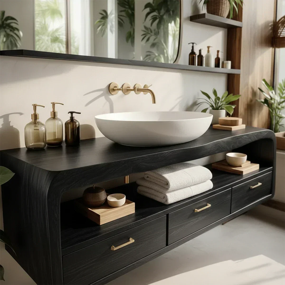 Live-Edge Walnut Finish Floating Bathroom Vanity - Solid Wood Bathroom Cabinet - Elitegemse - View 2