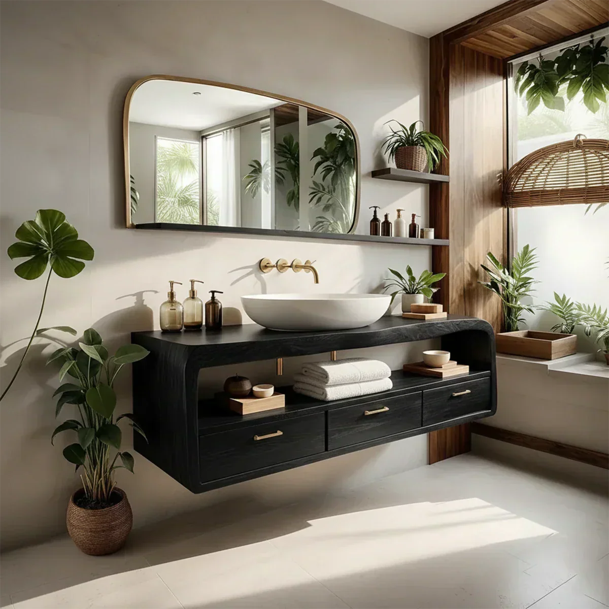 Live-Edge Walnut Finish Floating Bathroom Vanity - Solid Wood Bathroom Cabinet - Elitegemse - View 4