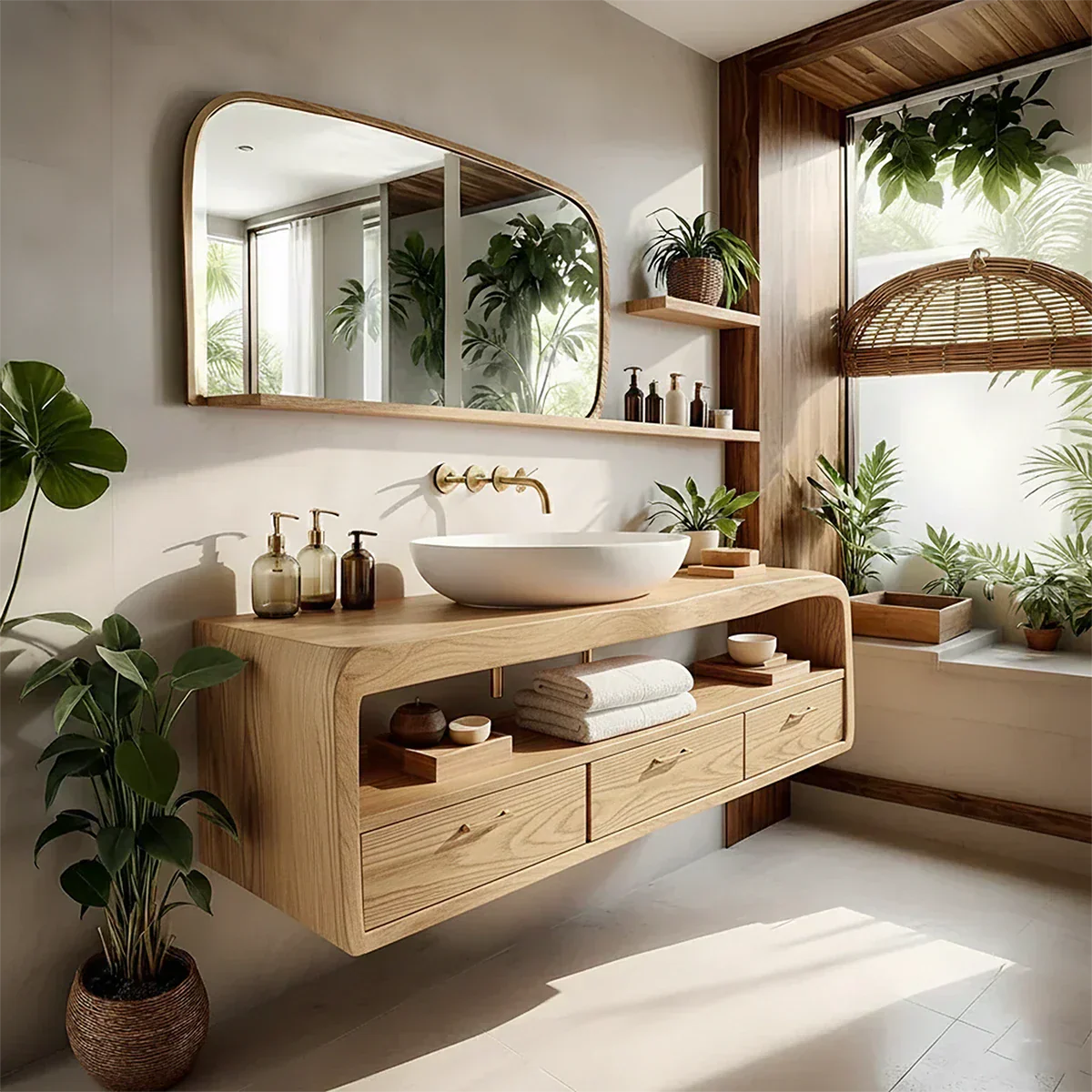 Live-Edge Walnut Finish Floating Bathroom Vanity - Solid Wood Bathroom Cabinet - Elitegemse - View 6