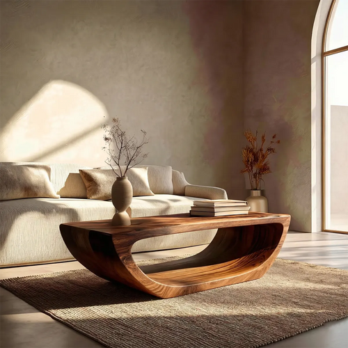Long Sculptural Hollow Coffee Table in Organic Modern Natural Solid Wood - Elitegemse