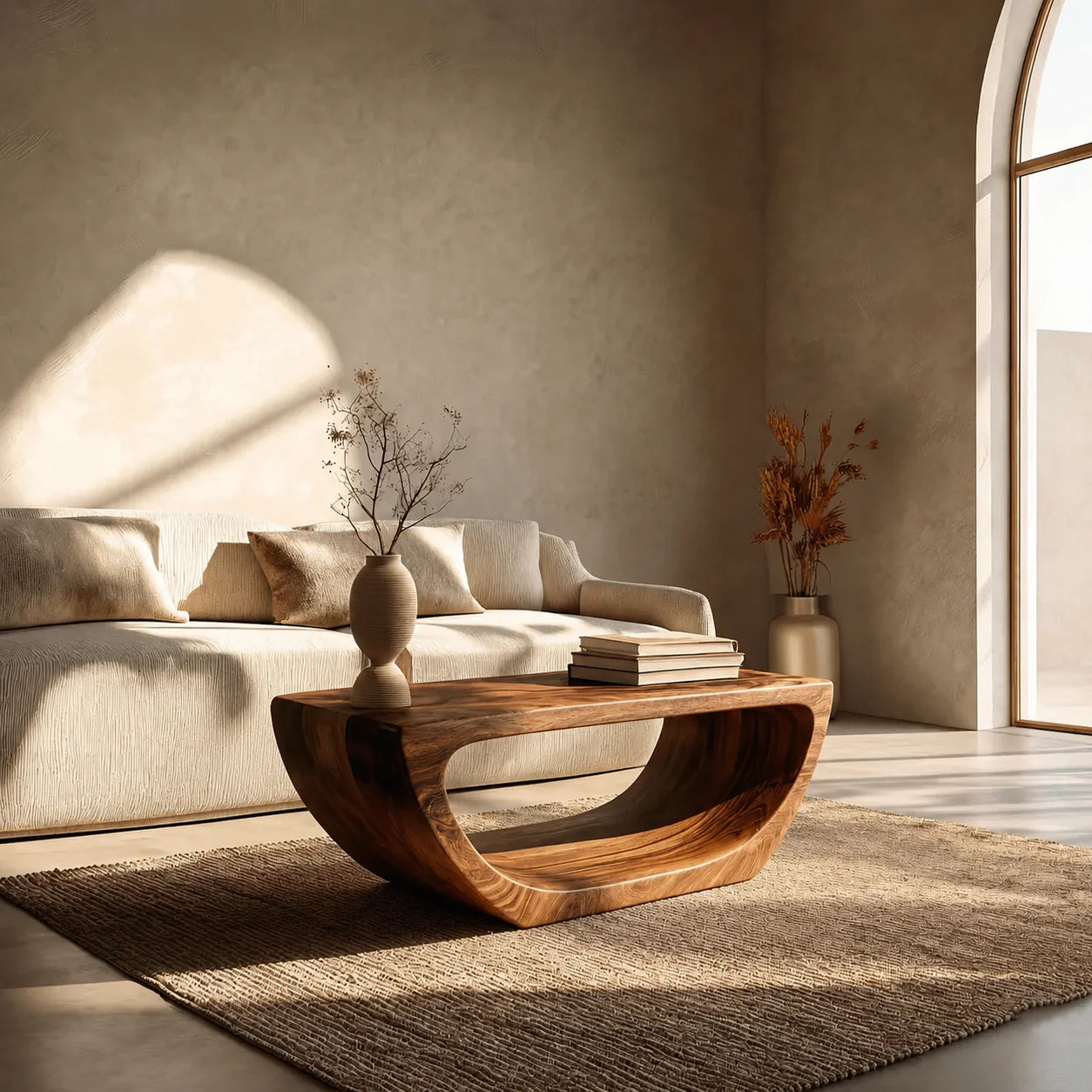 Long Sculptural Hollow Coffee Table in Organic Modern Natural Solid Wood - Elitegemse - View 10