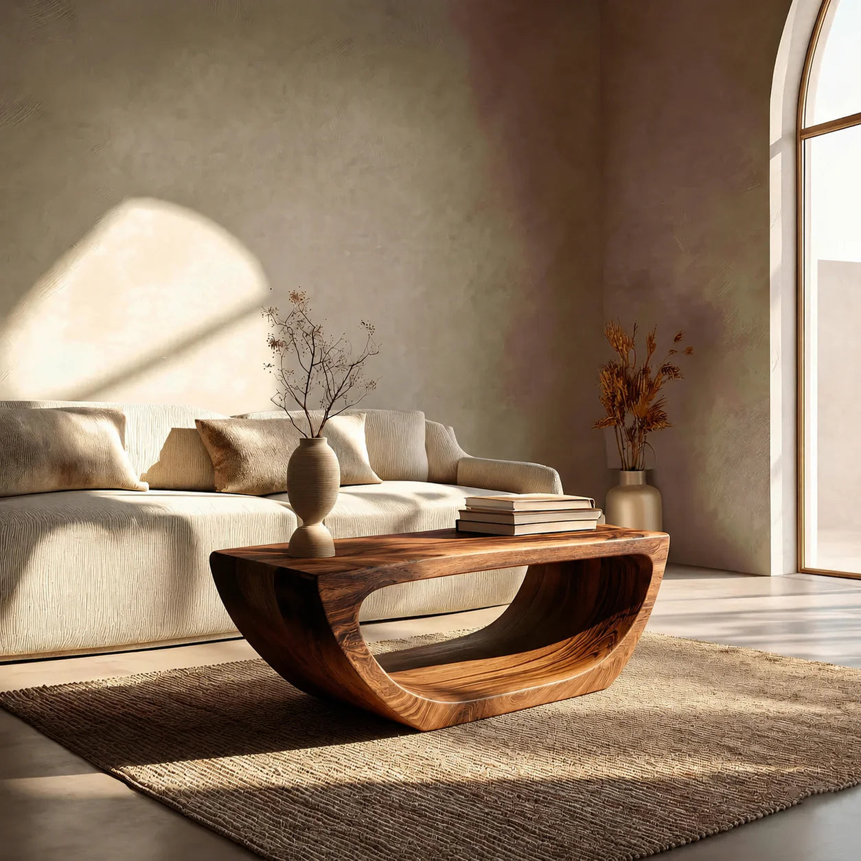Long Sculptural Hollow Coffee Table in Organic Modern Natural Solid Wood - Elitegemse - View 11