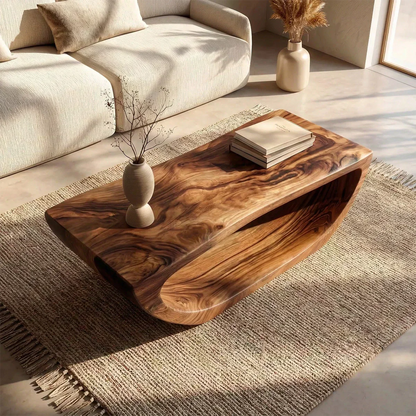 Long Sculptural Hollow Coffee Table in Organic Modern Natural Solid Wood - Elitegemse - View 2