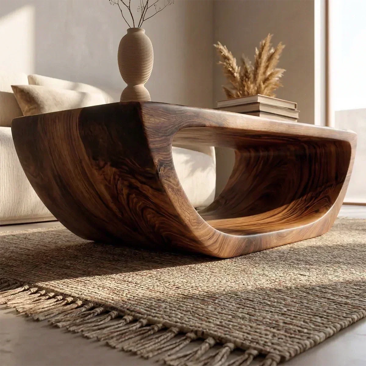Long Sculptural Hollow Coffee Table in Organic Modern Natural Solid Wood - Elitegemse - View 3