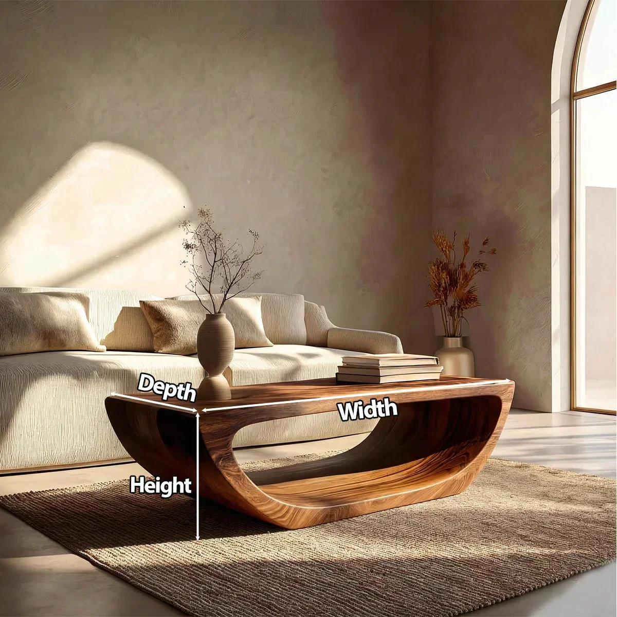Long Sculptural Hollow Coffee Table in Organic Modern Natural Solid Wood - Elitegemse - View 6