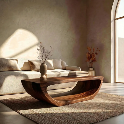 Long Sculptural Hollow Coffee Table in Organic Modern Natural Solid Wood - Elitegemse - View 7
