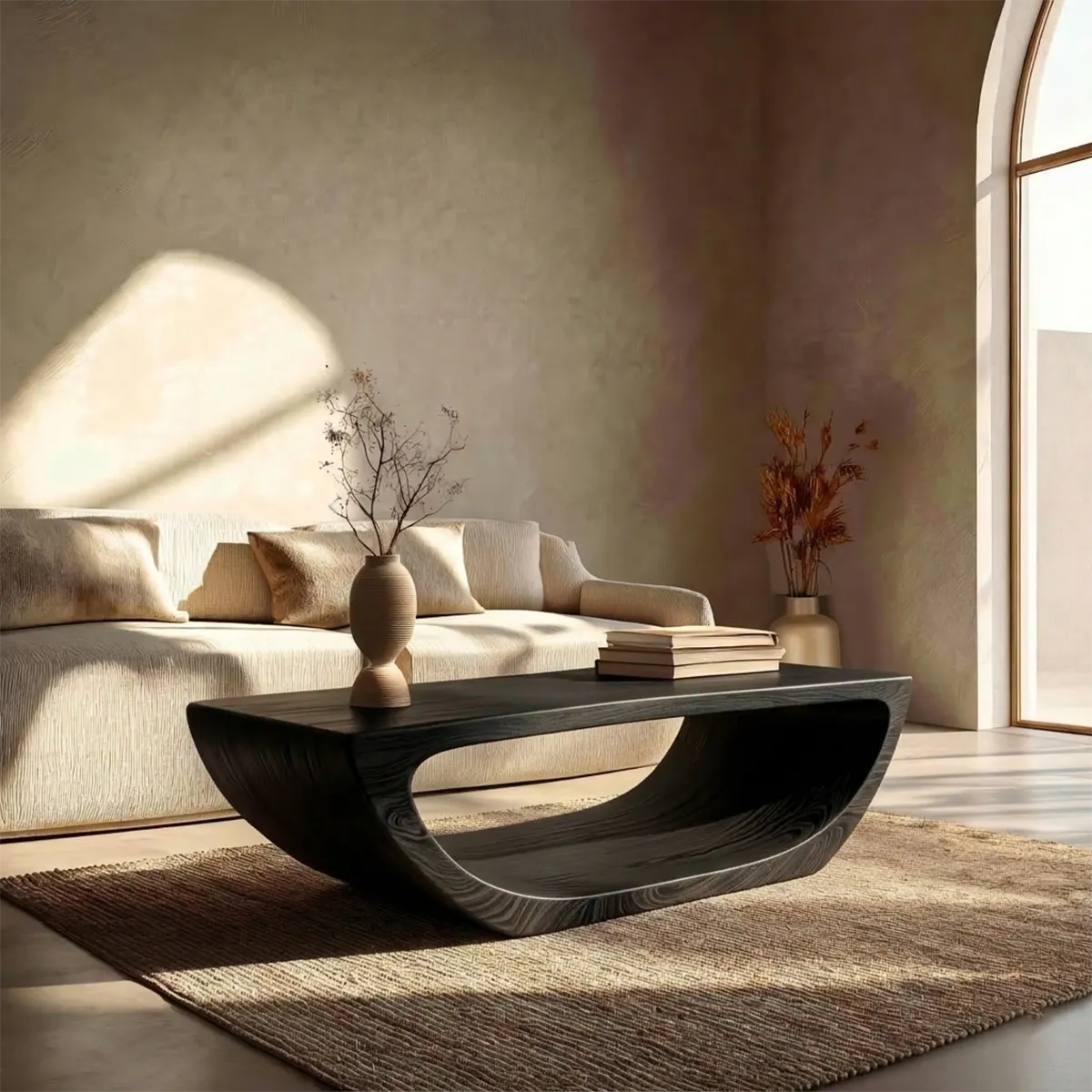 Long Sculptural Hollow Coffee Table in Organic Modern Natural Solid Wood - Elitegemse - View 9