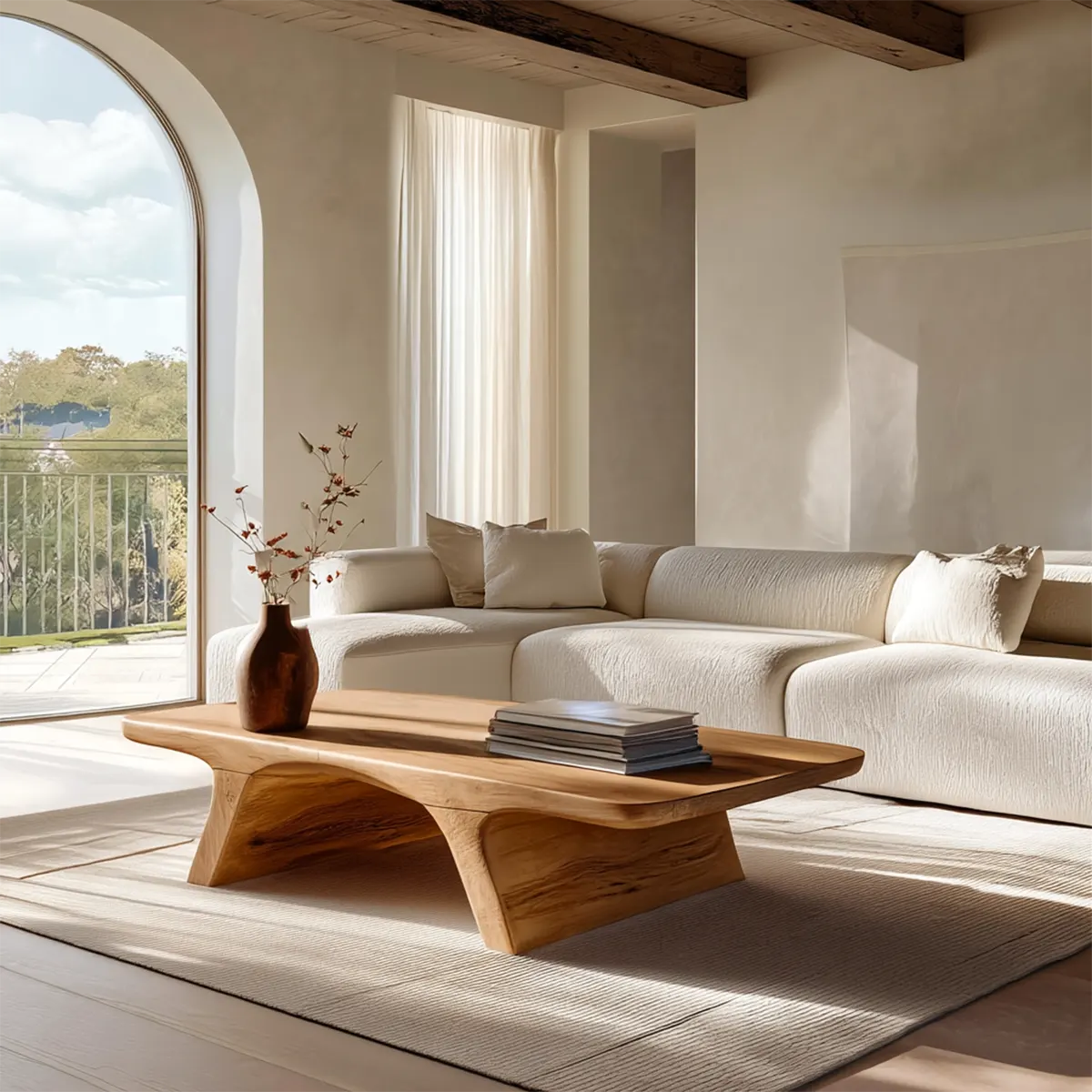 Low Profile Natural Solid Wood Coffee Table with Sculptural Base - Elitegemse