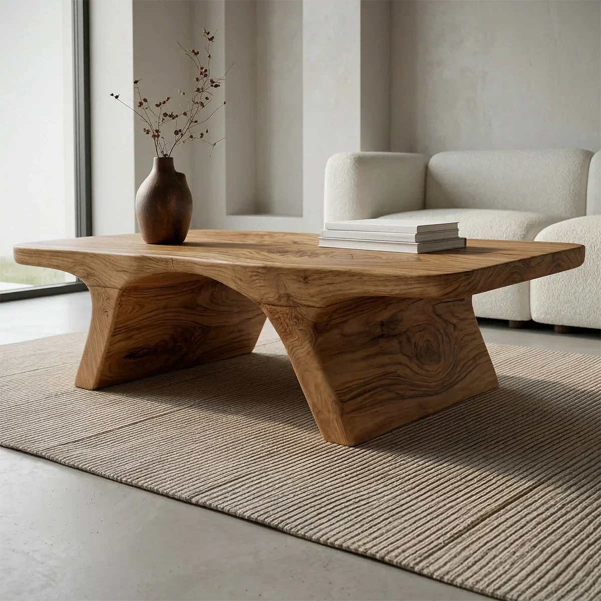 Low Profile Natural Solid Wood Coffee Table with Sculptural Base - Elitegemse - View 2