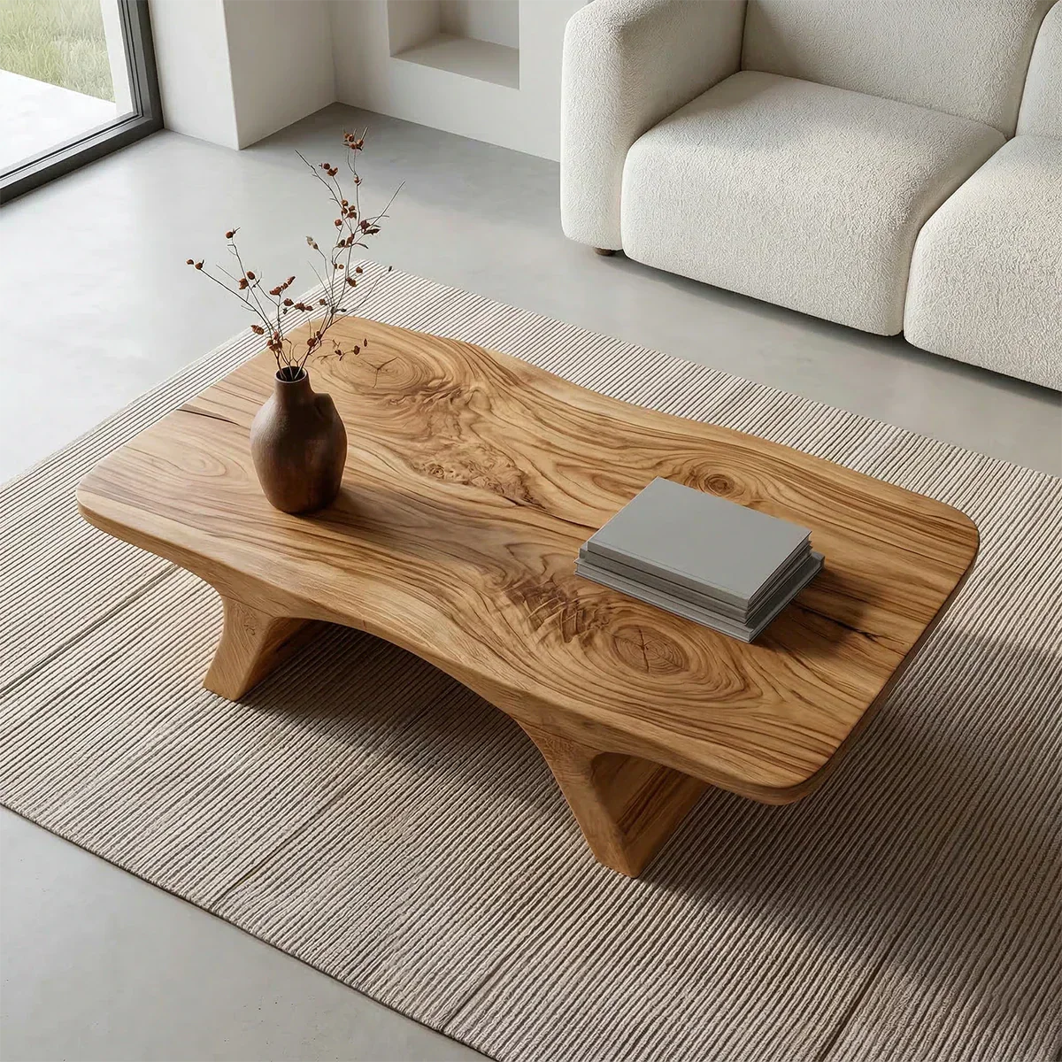 Low Profile Natural Solid Wood Coffee Table with Sculptural Base - Elitegemse - View 3
