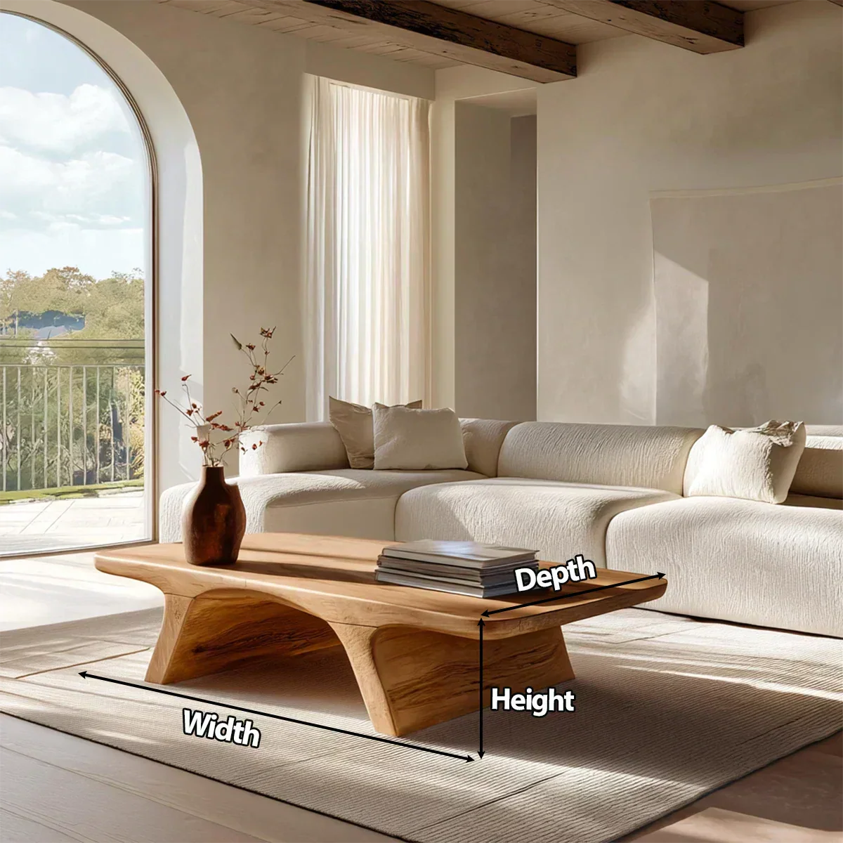 Low Profile Natural Solid Wood Coffee Table with Sculptural Base - Elitegemse - View 4