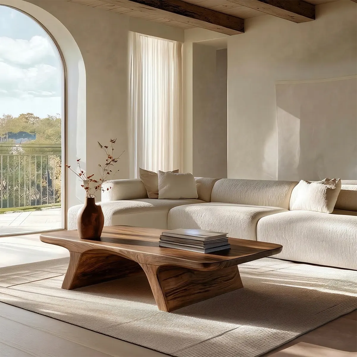 Low Profile Natural Solid Wood Coffee Table with Sculptural Base - Elitegemse - View 5