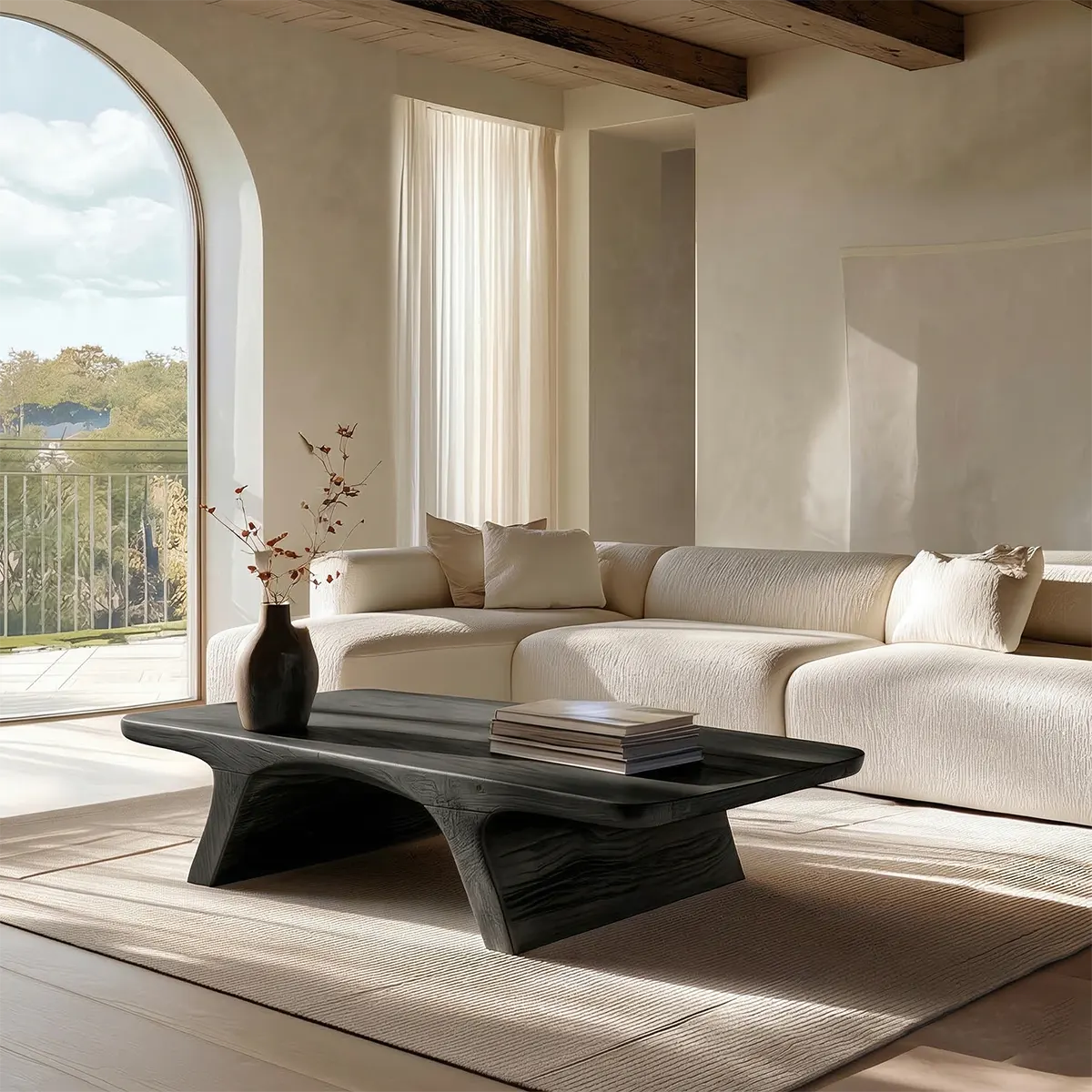 Low Profile Natural Solid Wood Coffee Table with Sculptural Base - Elitegemse - View 6
