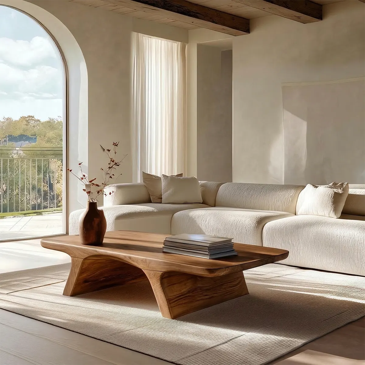 Low Profile Natural Solid Wood Coffee Table with Sculptural Base - Elitegemse - View 7