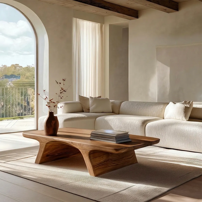 Low Profile Natural Solid Wood Coffee Table with Sculptural Base - Elitegemse - View 7