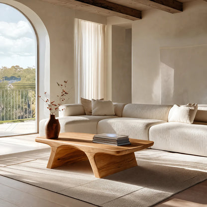 Low Profile Natural Solid Wood Coffee Table with Sculptural Base - Elitegemse - View 9
