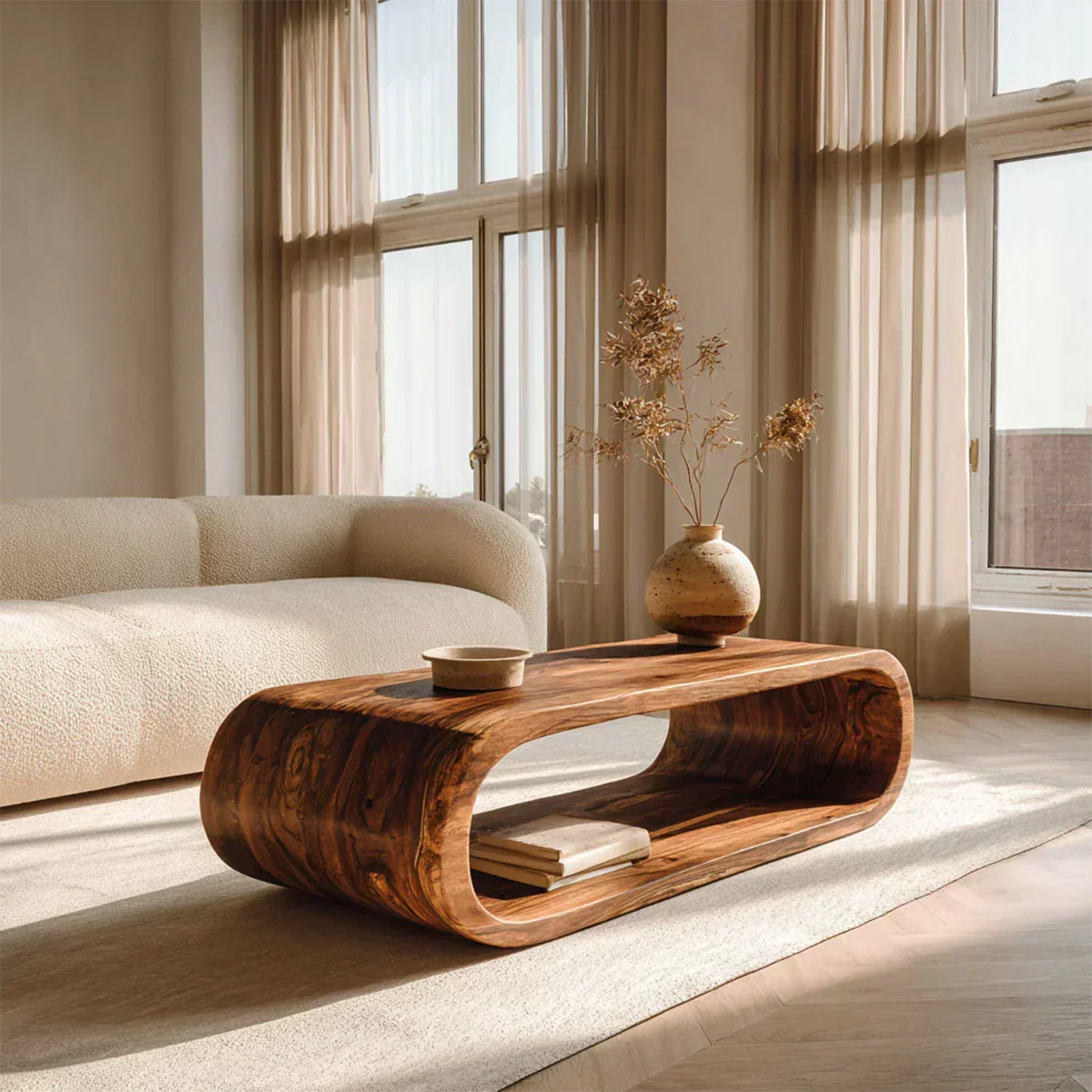 Minimalist Loop Form Natural Solid Wood Coffee Table with Open Base - Elitegemse