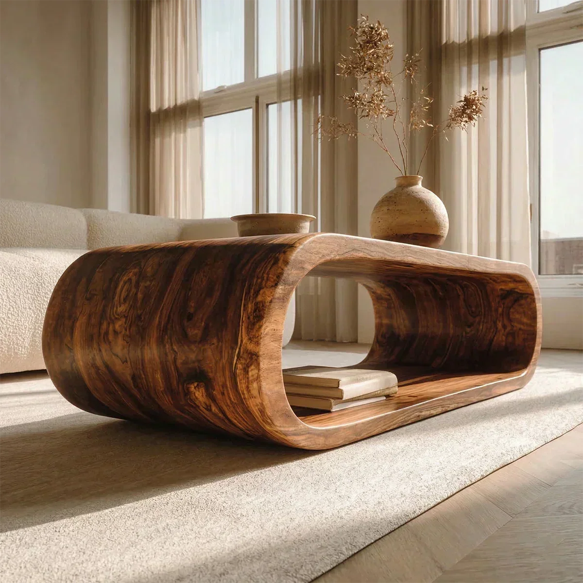 Minimalist Loop Form Natural Solid Wood Coffee Table with Open Base - Elitegemse - View 2