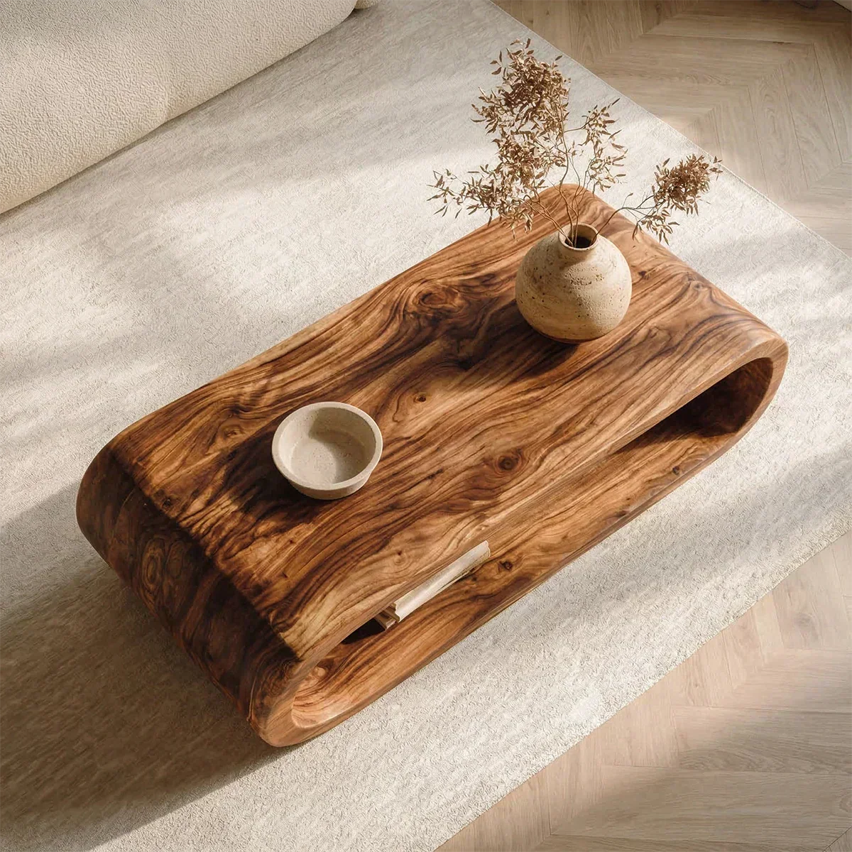 Minimalist Loop Form Natural Solid Wood Coffee Table with Open Base - Elitegemse - View 3