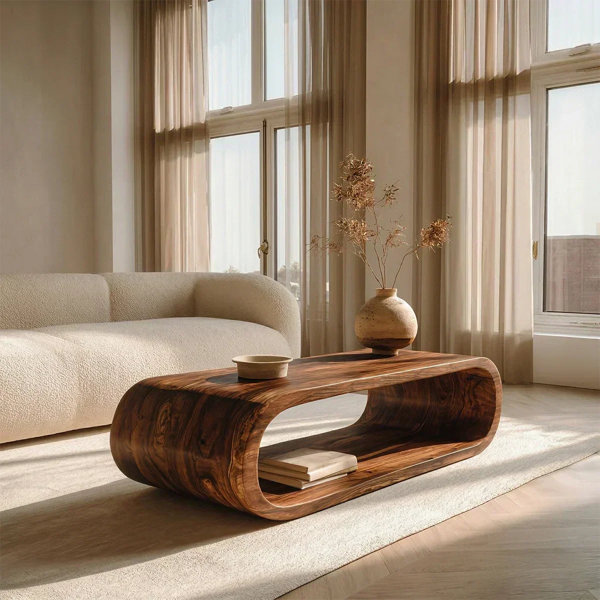 Minimalist Loop Form Natural Solid Wood Coffee Table with Open Base - Elitegemse - View 5