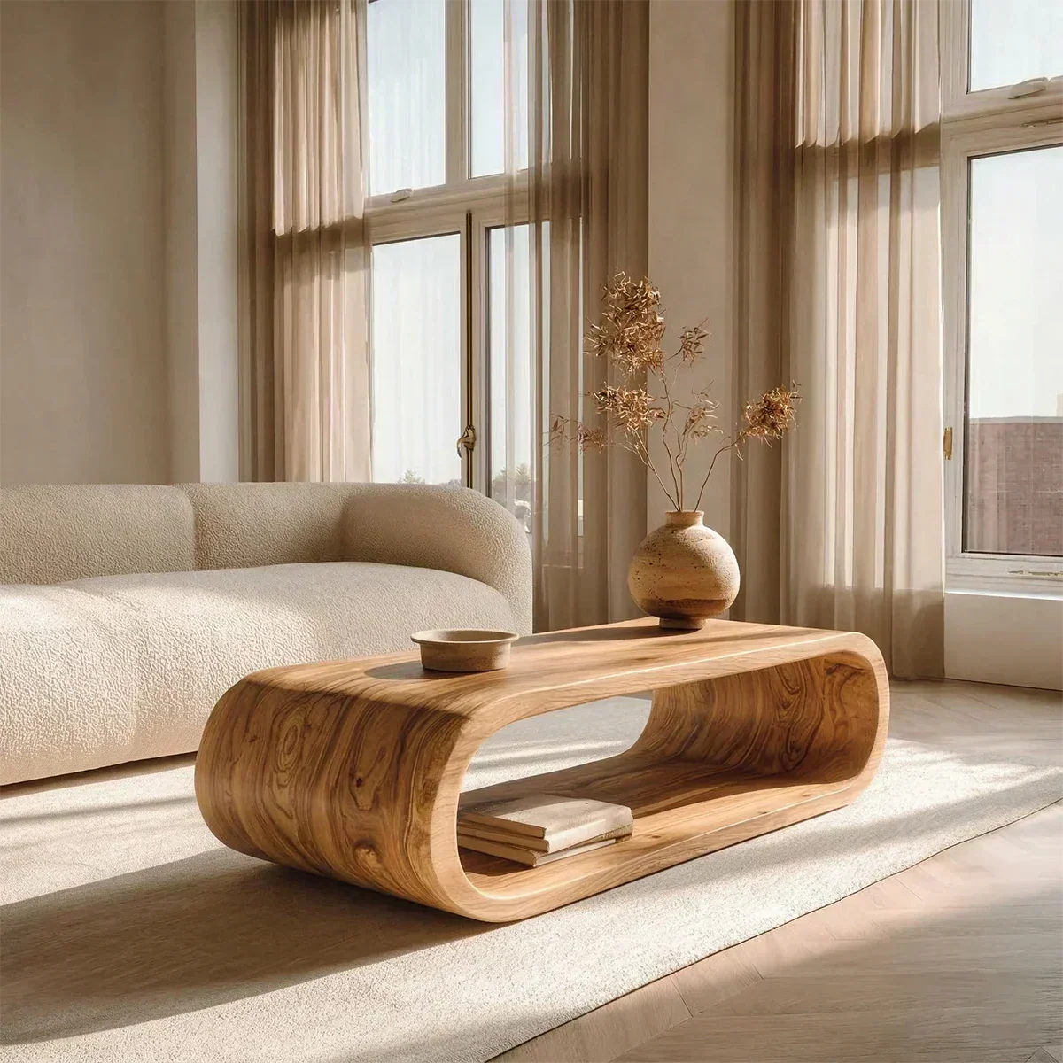 Minimalist Loop Form Natural Solid Wood Coffee Table with Open Base - Elitegemse - View 6