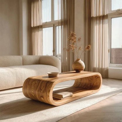 Minimalist Loop Form Natural Solid Wood Coffee Table with Open Base - Elitegemse - View 6